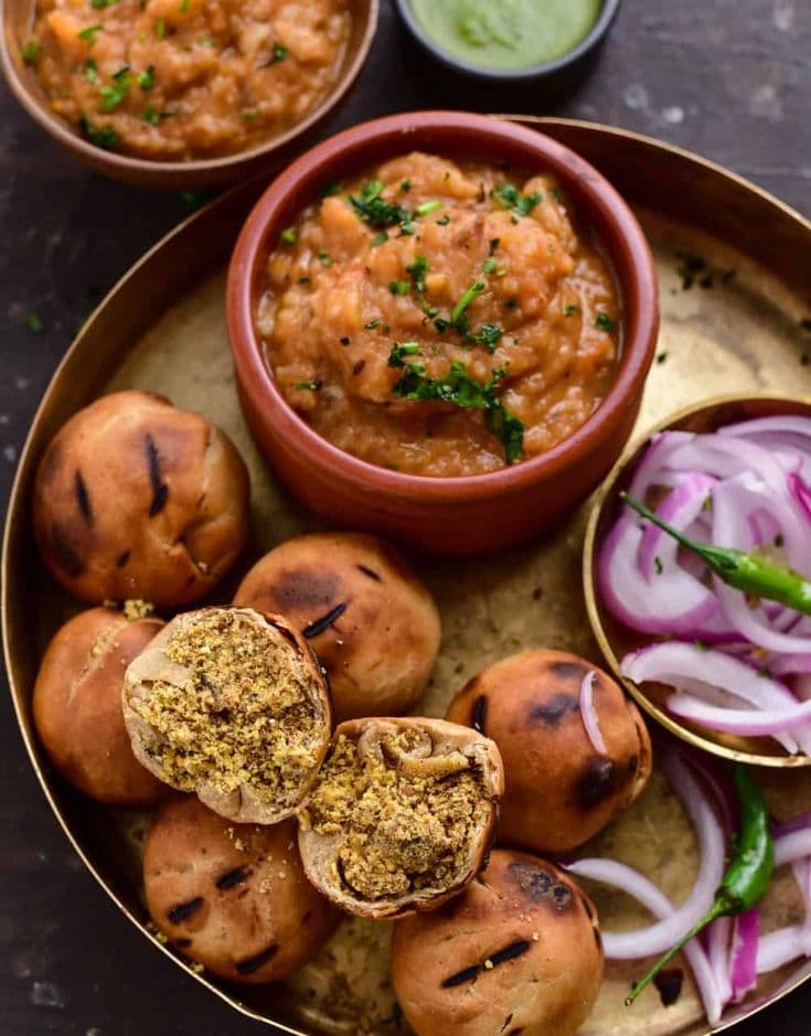 Traditional Bihari dish Litti Chokha with roasted wheat balls and mashed preparation